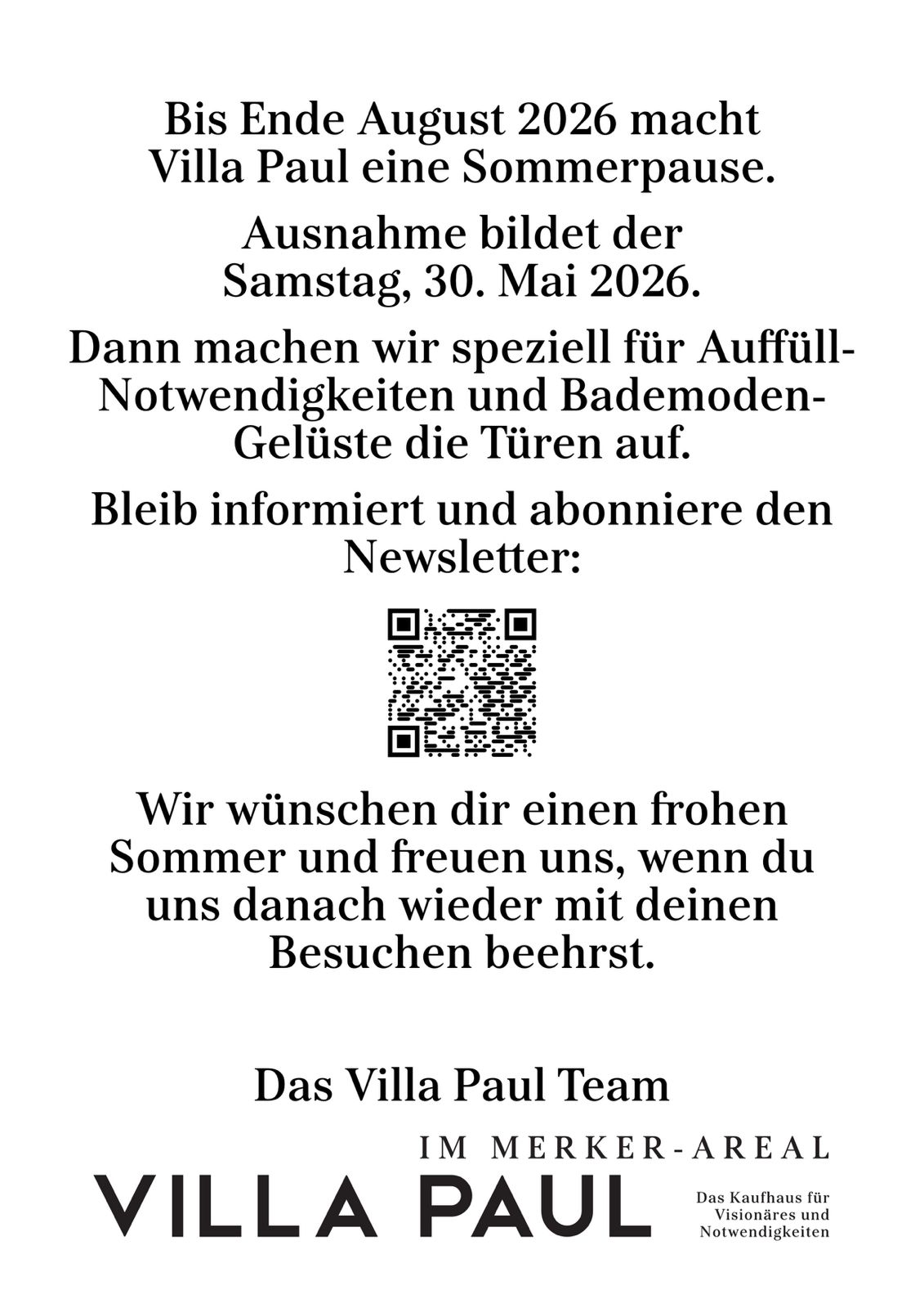 Text Pause Villa Pau bis August 2026